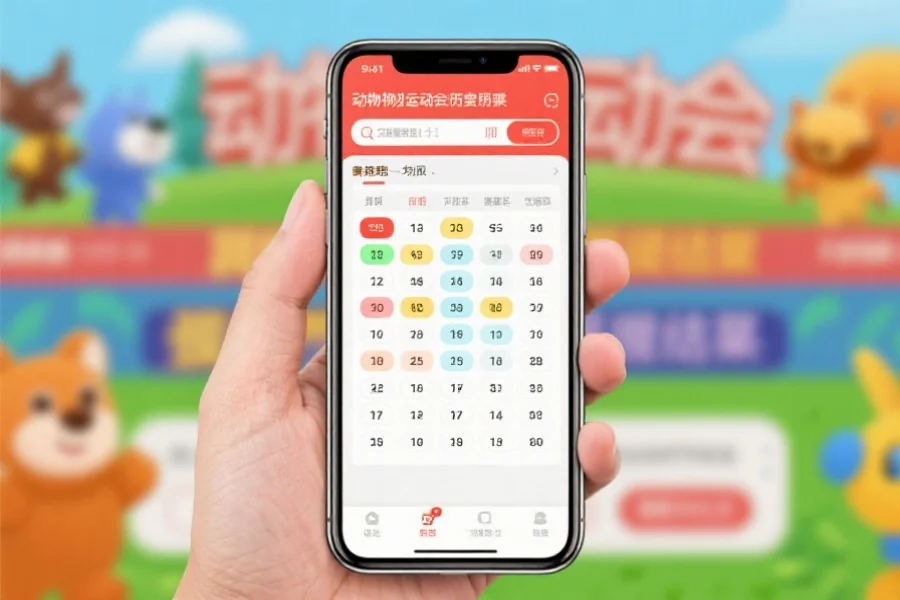 手机端界面展示动物运动会历史开奖高级搜索结果,页面中明显突出号码筛选功能